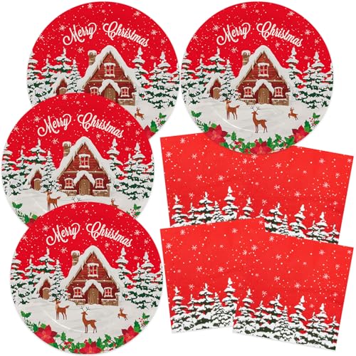 HNH Weihnachten Pappteller Servietten Set 40 Stück Schneeraum Rot Party Papierteller Papierservietten für Weihnachten Partygeschirr Dekoration von HNH