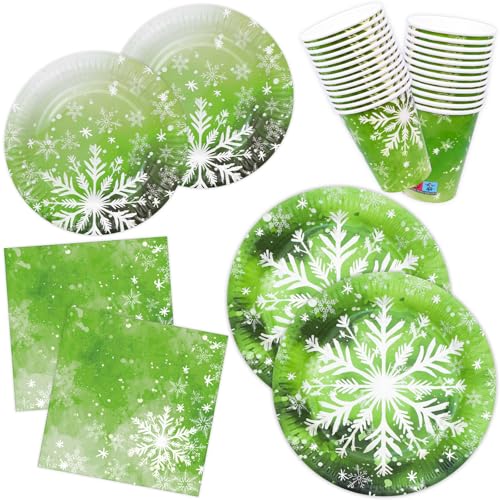 HNH Weihnachtsteller Weihnachtsservietten Weihnachtsbecher 100er-Set Wasserfarbe Eiskristalle Pappteller Servietten Pappbecher Partygeschirr Set für Weihnachten von HNH