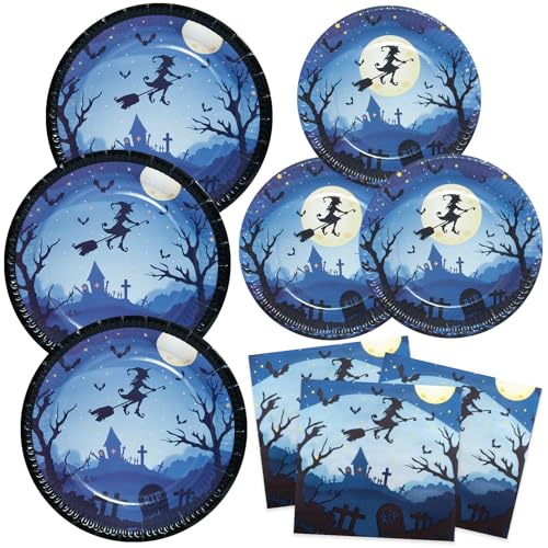 Halloween Hexe Pappteller Set mit Servietten und Dessertteller 48 Stück Partygeschirr Set Deko von HNH