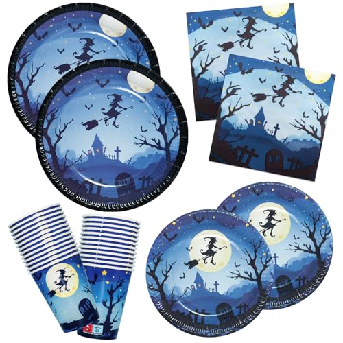 Pappteller Halloween Hexe Servietten, Pappbecher, Dessertteller 100er-Set Partyteller Papierservietten Set Partygeschirr Deko von HNH