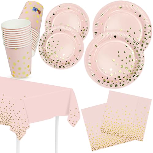 Pappteller Servietten Pappbecher Tischdecke Partygeschirr 81er Set Rosa mit Goldfolie Gepunkete Dessertteller Papierteller Papierservietten Partyteller Deko Pappteller Servietten Pappbecher Tischdecke Partygeschirr 81er Set Rosa mit Goldfolie Gepunkete Dessertteller Papierteller Papierservietten Partyteller Deko von HNH