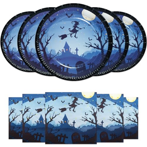 Pappteller Servietten Set Halloween Hexe 40er-Set Partyteller mit Papierservietten Set Partygeschirr Deko Schwarz, Blau von HNH