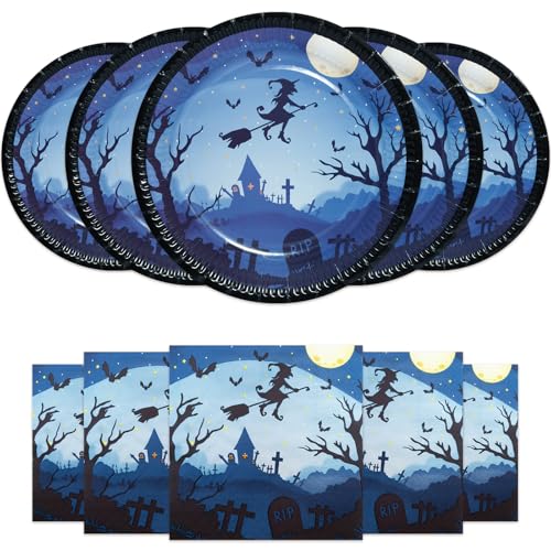 Pappteller Servietten Set Halloween Hexe 40er-Set Partyteller mit Papierservietten Set Partygeschirr Deko Schwarz, Blau Pappteller Servietten Set Halloween Hexe 40er-Set Partyteller mit Papierservietten Set Partygeschirr Deko Schwarz, Blau von HNH