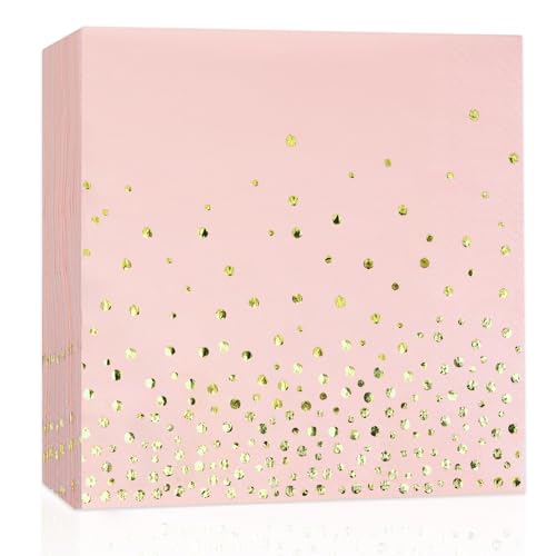 Servietten Gold, 50 Stück Rosa mit Goldfolie Gepunkete Party Servietten 3-lagig Papier Servierten, Cocktail Serviette 33 x 33cm Papierservietten von HNH