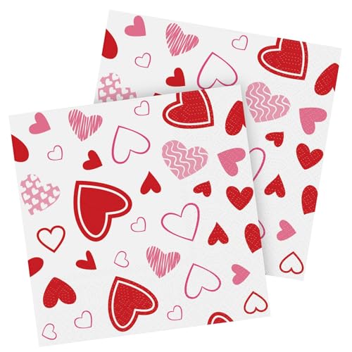 Valentinstag Servietten 50er Pack Papierservietten 33 x 33 cm Weiß Partyservietten mit rosa, rot Herzen für Happy Valentine's Day von HNH