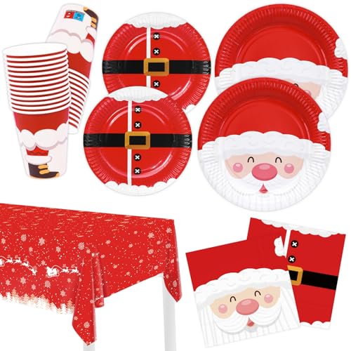 HNH Weihnachtsmann Pappteller Servietten Pappbecher Tischdecke Partygeschirr 101er-Set Rot Weihnachtsteller Weihnachtsservietten Weihnachtsbecher für Weihnachten von HNH