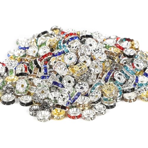 400 Stück Zwischenperlen Strass Rondelle Spacer Perlen, Flache Runde Strasssteine Metallperlen Unterlegscheiben, Mischfarbe Lose Perlen für Armbänder DIY Schmuckherstellung Ohrringe 6mm 8mm von HNJUSR