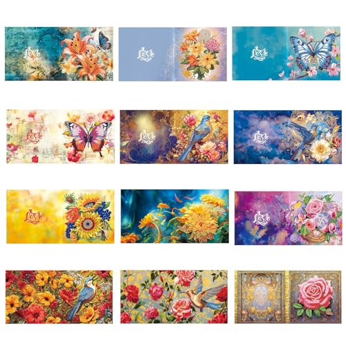 HNLMZ 5D DIY Diamond Painting Karten, 12 PCS Strass Handwerk Grußkarte,Diamant Painting Malerei Geschenkkarte Feiertags Dankeschön Handgefertigte Grußkarten für Familie, Liebhaber,Freunde von HNLMZ