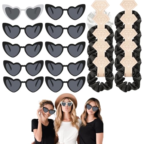 HNLMZ Junggesellenabschied Herz Brille Set,Partybrille Herz Sonnenbrille,10 Stück Herzbrillen und 10 Stück Bride Haargummi,Junggesellinnenabschied Deko Accessoires für Partys, Hochzeiten(Schwarz) von HNLMZ