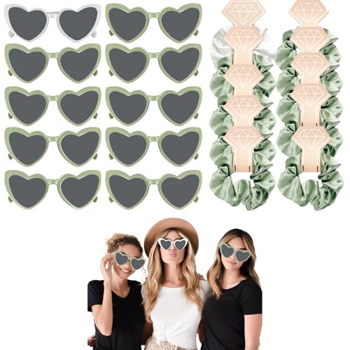 HNLMZ Junggesellenabschied Herz Brille Set,Bride Partybrille Herz Sonnenbrille,10 Stück Junggesellinnenabschied Herzbrillen und 10 Stück Haargummi,Herzförmige Brille für JGA und Hochzeiten Deko(Grün) von HNLMZ