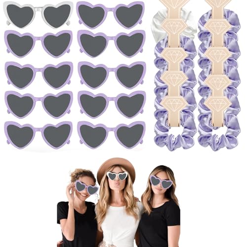 HNLMZ Junggesellenabschied Herz Brille Set,Partybrille Herz Sonnenbrille,10 Stück Herzbrillen und 10 Stück Bride Haargummi,Junggesellinnenabschied Deko Accessoires für Partys, Hochzeiten(Lila) von HNLMZ