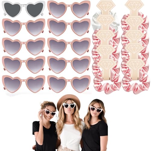 HNLMZ Junggesellenabschied Herz Brille Set,Partybrille Herz Sonnenbrille,10 Stück Herzbrillen und 10 Stück Bride Haargummi,Junggesellinnenabschied Deko Accessoires für Partys, Hochzeiten(Rosa) von HNLMZ