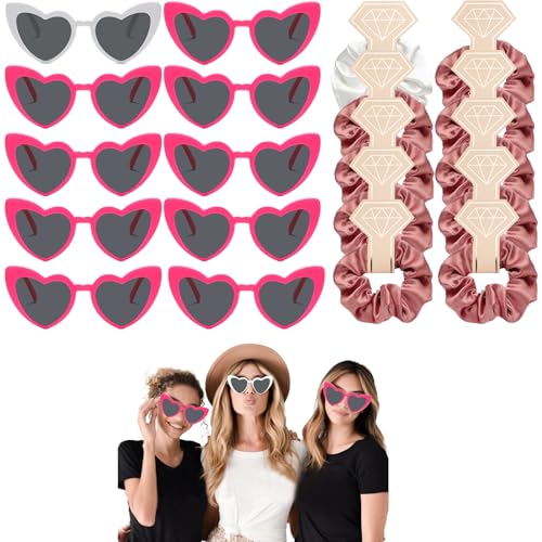 HNLMZ Junggesellenabschied Herz Brille Set,Partybrille Herz Sonnenbrille,10 Stück Herzbrillen und 10 Stück Bride Haargummi,Junggesellinnenabschied Deko Accessoires für Partys, Hochzeiten(Rose Rot) von HNLMZ