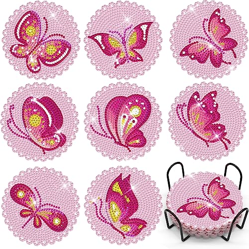 HNOOM 8 Stück Diamond Painting Untersetzer, DIY Diamond Painting Coasters mit Halter, Tassenuntersetzer zum Basteln, Diamant Painting Runde Glasuntersetzer Kit für Getränke, Tassen, Vasen (017) von HNOOM