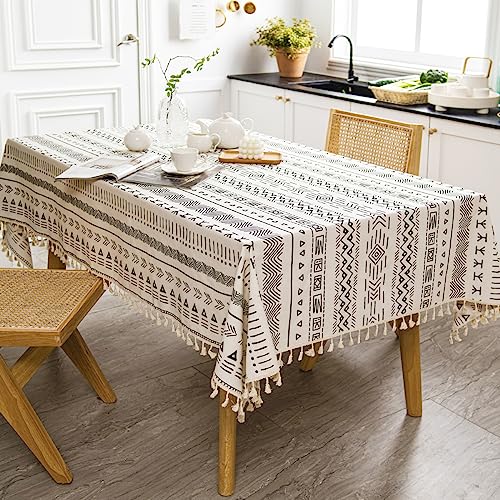 Tischdecke Boho Leinenoptik Rechteckige Quaste Tischtuch Abwaschbar Lotuseffekt Ölbeständig Fleckschutz Tischdecken Pflegeleicht für Gastronomie, Feste, Party, Hochzeiten, Haushalt (JH, 110 x 160 cm) von HNOOM