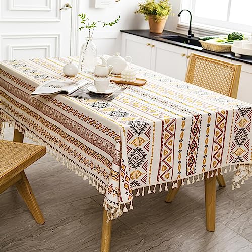 Tischdecke Boho Leinenoptik Rechteckige Quaste Tischtuch Abwaschbar Lotuseffekt Ölbeständig Fleckschutz Tischdecken Pflegeleicht für Gastronomie, Feste, Party, Hochzeiten, Haushalt (NX, 140 x 140 cm) von HNOOM