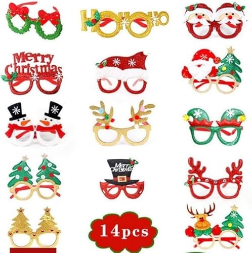 HO2NLE 14 Stück Weihnachten Glitter Party Brille Kreative Weihnachten Brille Rahmen Kinder und Erwachsene Weihnachtsdekoration Weihnachtsbrille für Party Urlaub Favors von HO2NLE