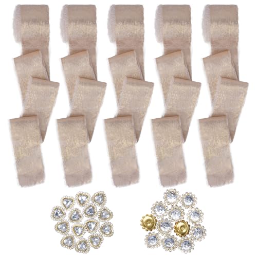 HO2NLE Champagnerfarbenes handgefertigtes Fransen-Chiffon-Seidenband mit ausgefranstem Rand, Seidenband mit handgenähtem Diamant, 4 cm x 7 Yard, 5 Rollen für Hochzeitseinladungen, Bastelarbeiten, von HO2NLE