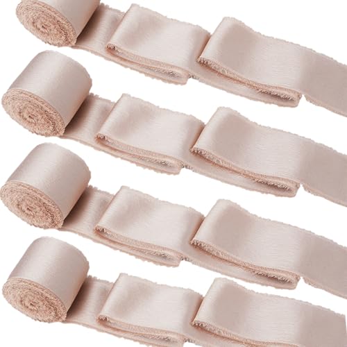 HO2NLE Chiffonband mit Fransen, handgefertigt, mit Zubehör für Geschenkverpackungen, Kuchen, Blumenstrauß, Hochzeitseinladungen, Bastelarbeiten, Haarschleife, 4 Rollen (4,1 cm x 12,7 m, hautfarben) von HO2NLE