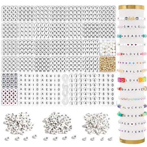 HOAENTSA Brief Bead Set 1950er Stücke, mit zusätzlichen Vowel und Zahl Beads 4,7mm runde Buchstabe Beads, mit Abstandsperlen für Produce Armband Halskette und Freundschaft Armband Kits von HOAENTSA