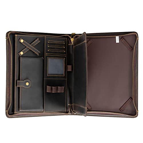 HOARLICN Vintage Echtes Rindsleder Portfolio, Große Dokumentenmappe Ledermappe Mit Reißverschluss Für 24cm/ 9.7'' Tablette Business Organizer Dokument Für Präsentationen, Besprechungen von HOARLICN