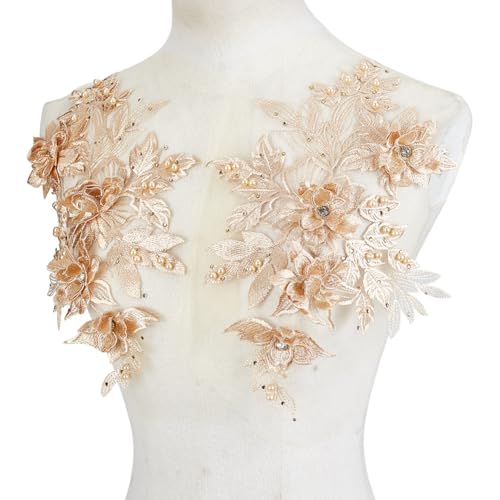 HOBBIESAY 1 Paar Hellgoldene Blumen Spitzen Applikationen 3D Blumenstickerei Applikationen Strass Perlen Blumen Aufnäher Für Damen Hochzeitskleid Kleid Mieder Kostüm Kleidung DIY von HOBBIESAY