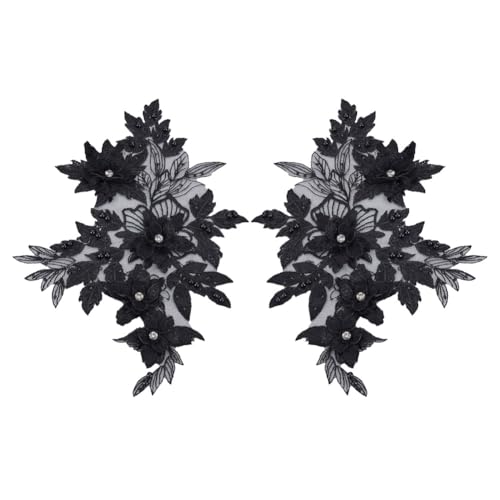 HOBBIESAY 1 Paar Schwarze Blumen Spitzen Applikationen 3D Blumenstickerei Applikationen Strass Perlen Blumen Aufnäher Für Frauen Hochzeitskleid Kleid Mieder Kostüm Kleidung DIY von HOBBIESAY