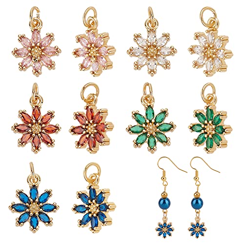 HOBBIESAY 10 Stück 5 Farben Messing Kubischer Zirkonia Blumen Charm Anhänger Künstliche Edelstein Charms Blumenmuster Anhänger Ohrring Charms Gemischte Farbe Baumeln Charms Halsketten Armband von HOBBIESAY