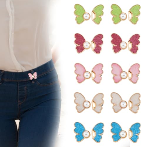 HOBBIESAY 10 Stück 5 Farben Schmetterling Imitation Perle Jeansknopfnadeln Legierung Emaille Taille Schnalle Verlängerungen Verstellbare Taille Straffer Pins Dekorative Straffung Taille Schnallen zum von HOBBIESAY