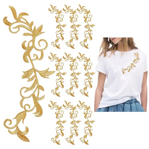 HOBBIESAY 10 Stück Goldene Lange Blatt Stickerei Applikation Metallisches Blumenmuster Boho Ethno Stil Zum Aufnähen Und Aufbügeln Fransenbesatz Blätter Patch Für Hochzeit Ballkleid Rucksäcke Jeans von HOBBIESAY