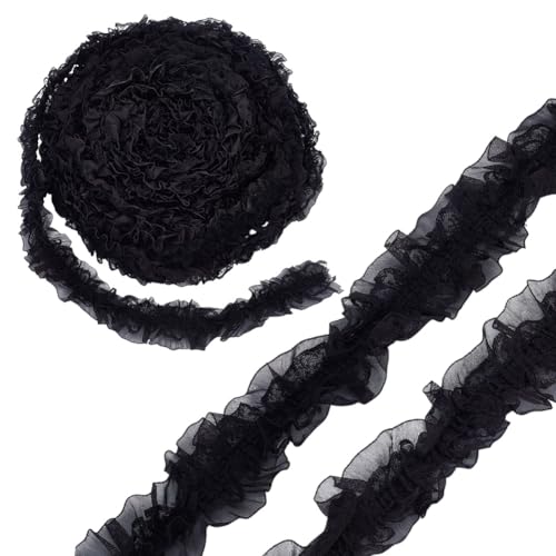 HOBBIESAY 10 m Rüschenband Plissierter Elastischer Spitzenrüschenbesatz Polyester Blumen Spitzenbesatz Elastischer Spitzenbesatz Doppellagig Plissierter Chiffon Elastikbesatz Schwarz Für DIY von HOBBIESAY