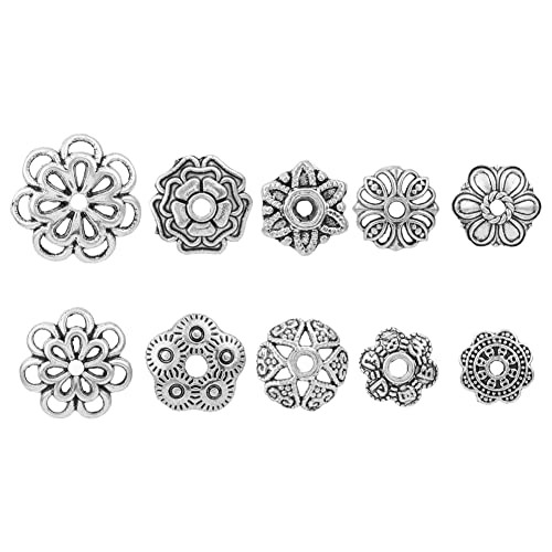 HOBBIESAY 100 Stück 10 Stile Perlenkappen Hohle Tibetische Stil Spacer Endperlenkappen Legierung Blume Charms Perlenkappen Dekorationen Antik Silber Terminatoren Für Schmuckprojekte Ornamente Basteln von HOBBIESAY