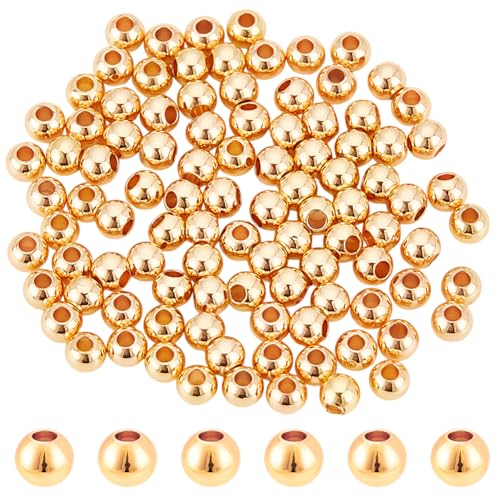 HOBBIESAY 100 Stück 14K Vergoldete Perlen 4mm Goldkugel Messing Winzige Perlen Glatte Metall Abstandsperlen Rondelle Lose Abstandsperlen Zur Schmuckherstellung Loch:1.5mm von HOBBIESAY