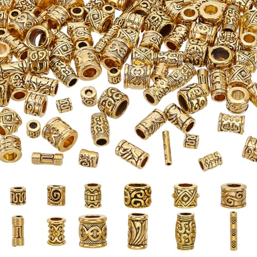 HOBSIESAY 12 Stil Goldene Säulen Abstandshalterperlen 120 Stück Tibetischer Stil Perlenmit Großem Lochmetall Flechtperlen Perlen Zur Schmuckherstellung DIY Haarzopf von HOBBIESAY