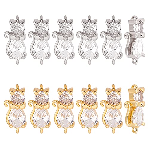 HOBBIESAY 12 Stück 2 Farben Messing Katze Klar Zirkonia Verbindungs Charms 18x8mm Doppelschlaufen Strass Anhänger Anhänger CZ Stein Charms Für Die Schmuckherstellung Bohrung:1.2mm von HOBBIESAY