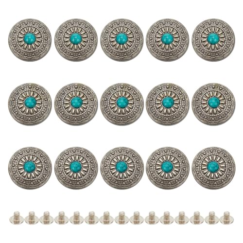 HOBBIESAY 15 Stück Türkisfarbene Conchos Knöpfe Runde Conchos Mit Schraubverschluss Blaue Gänseblümchen Schnalle Für Geldbörse Tasche Lederhandwerkszubehör 12x6mm von HOBBIESAY