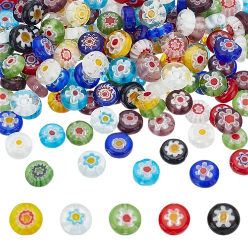 HOBBIESAY 150 Stück Millefiori Lampwork Glasperlen 7-9mm Blumenform Flach Rund Abstandsperlen Gemischte Farben Lose Münzglasperlen Für Die Herstellung von DIY Halsketten Und Schmuck Loch:1mm von HOBBIESAY