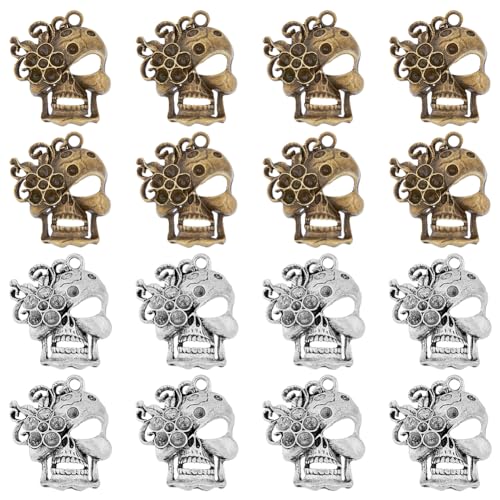 HOBBIESAY 16 Stück 2 Farben Metalllegierung Blumen Totenkopf Anhänger Bronze Silber Anhänger Strass Fassungen Halloween Skelett Anhänger Für Halsketten Armbänder Ohrringe Loch: 3.5mm von HOBBIESAY