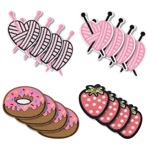 HOBBIESAY 16 Stück 4 Stile Food Patch bestickt Donut Erdbeere Herz Applikation Dekorative Reparatur Patch Aufbügler Patch Aufbügler Patch für Kleidung Jeans T-Shirts Hemden Kleider Jacken Hüte DIY von HOBBIESAY