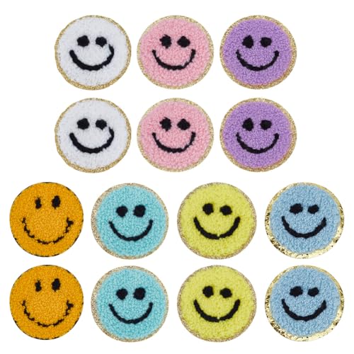 HOBBIESAY 16 Stück Aufnäher Mit Smile Gesicht Zum Aufbügeln Aufnäher Mit Happy Face Handtuch Stickerei Applikationen Zum Aufnähen Pailletten Applikation Für Rucksäcke Hüte Kleidung Jacken Nähen von HOBBIESAY