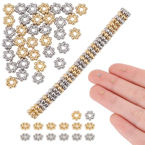 HOBBIESAY 2 Farben 60Stück Edelstahl Blume Perlen 3mm Daisy Spacer Perlen Schneeflocke Bead Caps Golden Sliver Blume Perle Endkappe für DIY Armbänder Ohrring Halskette Schmuck machen von HOBBIESAY