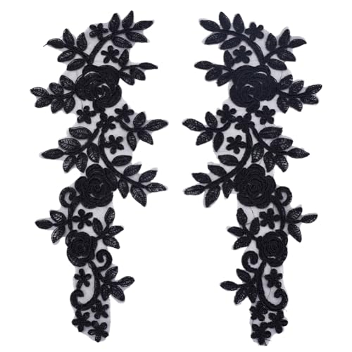 HOBBIESAY 2 Paar Blumen Stickerei Spitze Applikation Schwarz Polyester Floral Patch Nähen Handwerk Dekoration Applikationen Reparatur Flicken für Hochzeitskleid Kleid Mieder Kostüm Kleidung Handwerk von HOBBIESAY