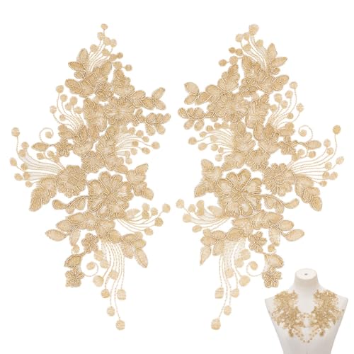 HOBBIESAY 2 Paar Blumen Stickerei Spitze Patch Gold Polyester Floral Patch Bügelbild Reparatur Flicken Nähen Handwerk Dekoration Applikationen für Hochzeitskleid Kleid Mieder Kostüm Kleidung DIY von HOBBIESAY