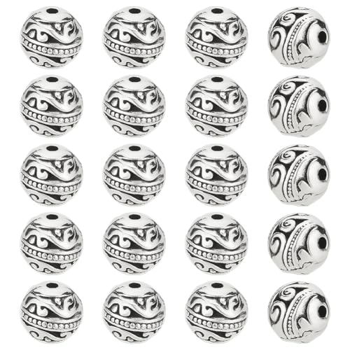 HOBBIESAY 20 Stück Tibetische Perlen In Antik Silber 8mm Runde Abstandsperlen Aus Metalllegierung Kleine Lose Perlen Zum Basteln von Armbändern Halsketten Ohrringen Schmuckherstellung Loch: 1.5mm von HOBBIESAY