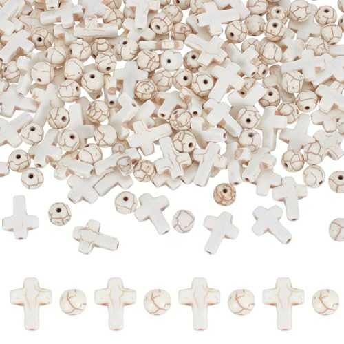 HOBBIESAY 200 Stück 2 Stile Beige Kreuzperlen Runde Kreuzperlen Synthetische Türkisfarbene Kruzifix Abstandshalterperlen Kreuz Lose Perlen Charms Zur Schmuckherstellung Loch:1mm von HOBBIESAY