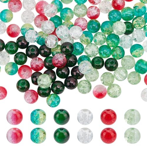 HOBBIESAY 240 Stück Glas Crackle Perlen 6 Farben Runde Perlen 8mm Kristallperlen Abstandsperlen Lose Perlen Grün Und Rot Für DIY Armbänder Halsketten Ohrringe Loch: 1.3-1.6mm von HOBBIESAY