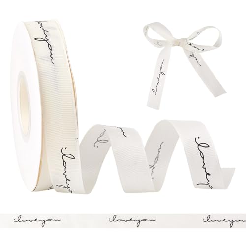 HOBBIESAY 27.4m Einseitiges Satinband „I Love You“ Stoffband Weißes Valentinstagsband Zum Verpacken von Geschenken Verpacken von Blumensträußen Geburtstagsgeschenken Backen Valentinstagsbänder von HOBBIESAY