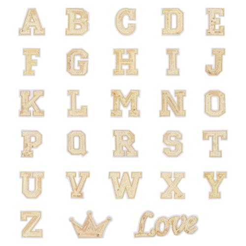 HOBBIESAY 28 Stück Gold Pailletten Buchstaben Applikationen Alphabet Aufnäher Zum Aufbügeln A-Z Buchstabe Mit Krone Und Love Pailletten Aufnäher Zum Verzieren von Reparaturflicken Für Kleidung von HOBBIESAY