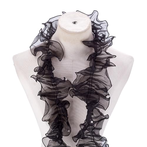 HOBBIESAY 2 Stück Organza Spitzenband Mit Perlenbesatz 16cm Breit Schwarzes Plissee Stoffband Chiffon Einfassung Besatz Zum Nähen Basteln Verzierung Für Hochzeiten Brautkleider Und Kleidung,2m/Stück von HOBBIESAY