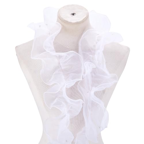 HOBBIESAY 2m Organza Spitzenband Mit Perlenbesatz 16cm Breit Weißes Plissee Stoffband Chiffon Einfassung Besätze Zum Nähen Basteln Verzierung Für Hochzeiten Brautkleider Und Kleidung von HOBBIESAY